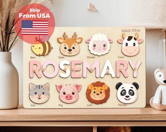 Personalized Name Puzzle for Toddlers Age 1-3 - Custom Wooden Baby Gift with Animals & Storytelling - Educational Toys for Early Learning