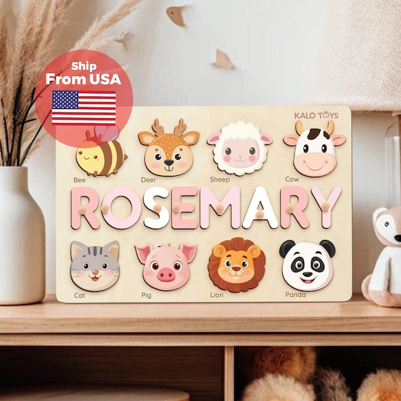 Custom wooden name puzzle paired with animal storytelling cards — turns a personalized keepsake into an actual early-learning play system, not just a pretty shelf piece.