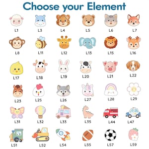 May include: A collection of colorful cartoon illustrations of animals, objects, and shapes. The image includes a sheep, hippo, tiger, bear, cat, fox, monkey, bee, giraffe, elephant, lion, deer, chick, cow, rabbit, zebra, pig, dog, horse, chicken, wolf, unicorn, rainbow, flower, butterfly, hot air balloon, ice cream truck, dinosaur, fire truck, police car, train, excavator, rocket, football, soccer ball, and strawberry.