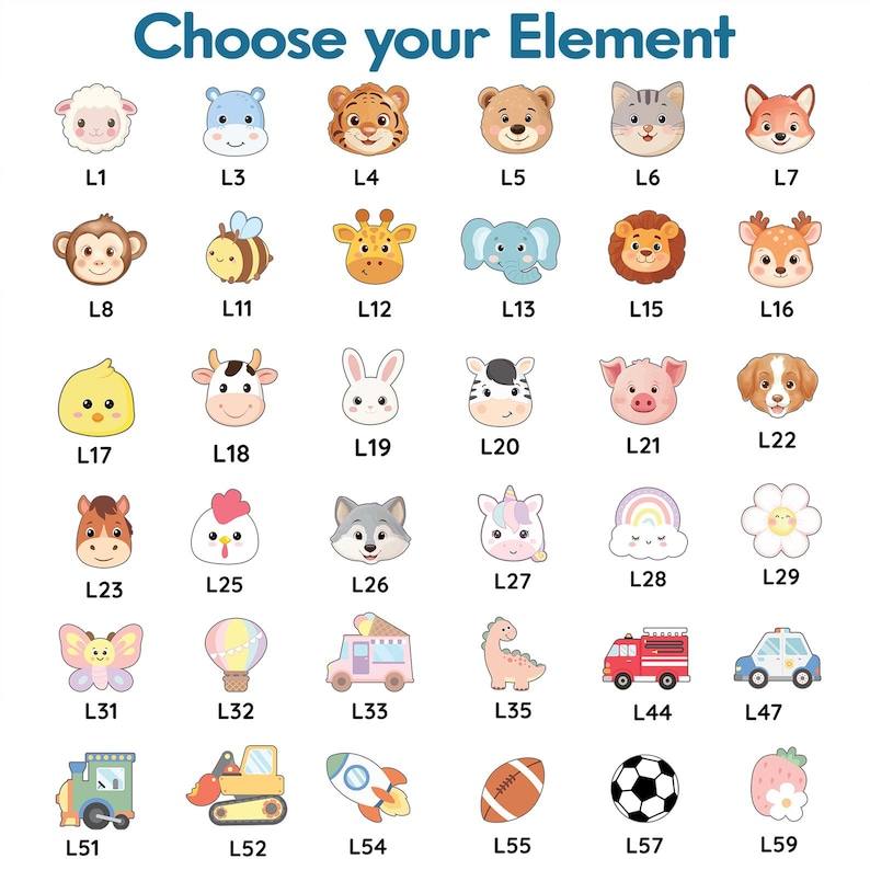 May include: A collection of colorful cartoon illustrations of animals, objects, and shapes. The image includes a sheep, hippo, tiger, bear, cat, fox, monkey, bee, giraffe, elephant, lion, deer, chick, cow, rabbit, zebra, pig, dog, horse, chicken, wolf, unicorn, rainbow, flower, butterfly, hot air balloon, ice cream truck, dinosaur, fire truck, police car, train, excavator, rocket, football, soccer ball, and strawberry.