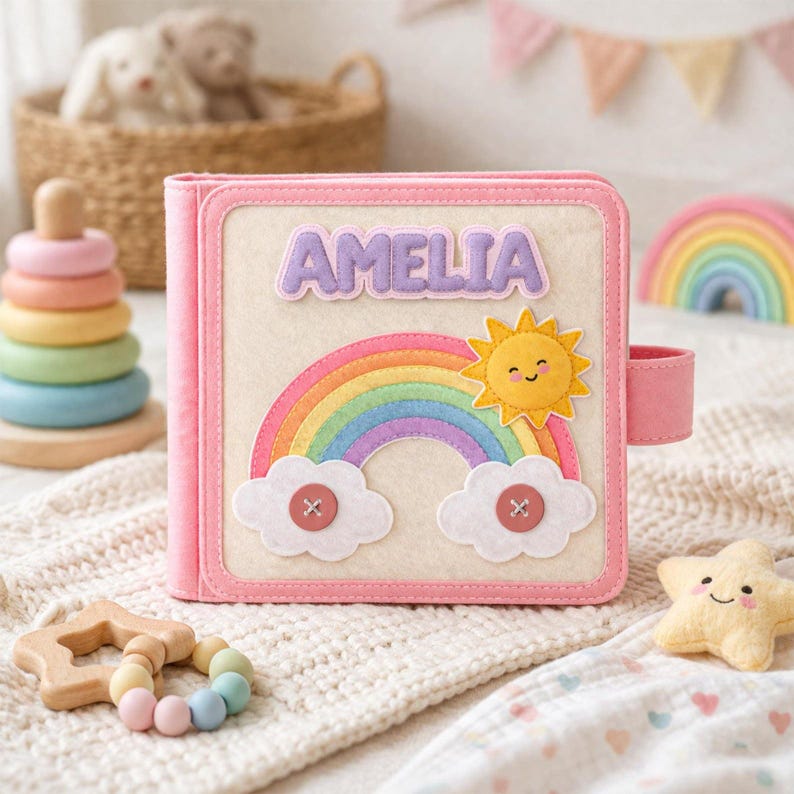 May include: A pink felt activity book with the name "AMELIA" on the cover. The cover features a rainbow, smiling sun, and clouds. Other toys include a wooden star teether, a star-shaped plush, and a rainbow-colored stacking toy.