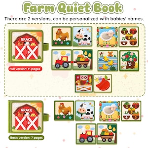 May include: A colorful, interactive "Farm Quiet Book" with various felt farm animal scenes. The book features a red barn with the name "GRACE" and the text "Full version: 11 pages" and "Basic version: 7 pages".
