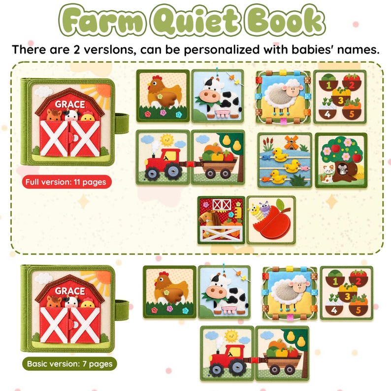 May include: A colorful, interactive "Farm Quiet Book" with various felt farm animal scenes. The book features a red barn with the name "GRACE" and the text "Full version: 11 pages" and "Basic version: 7 pages".