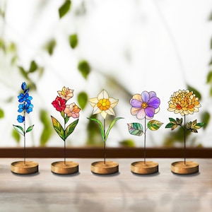 Birth Flower Stained Glass, Mother’s Day Gift, Personalized Birth Month Flower Stained Glass, Floral Table Decor, Flower Garden Stake