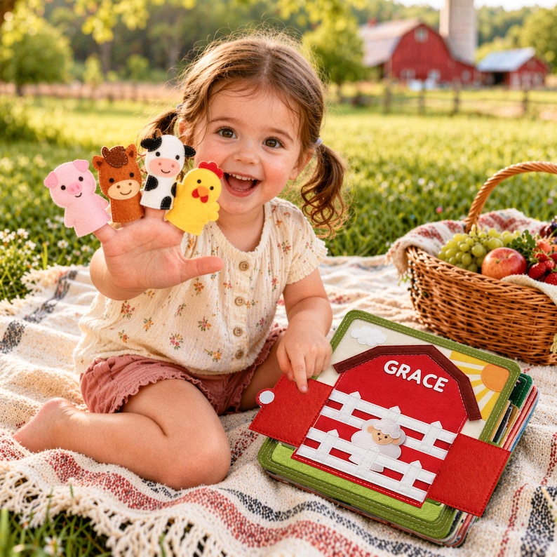 May include: A young child smiles, displaying finger puppets of a pig, cow, horse, and chicken. The child points to a felt farm-themed book with a red barn and the name "GRACE". A picnic basket with fruit sits nearby.