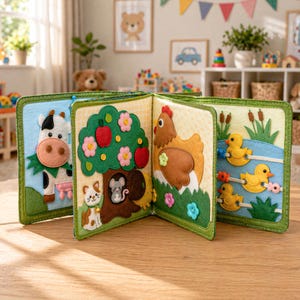 May include: A felt activity book with farm animal illustrations. The pages feature a cow, an apple tree with a mouse and cat, a hen, and ducks in a pond. The book has a green border and is designed for children.