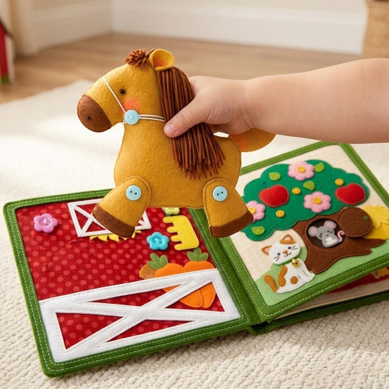 May include: A felt farm-themed activity book with a plush horse toy. The book features a red barn scene with a white gate and a green-bordered page with a tree, flowers, and a cat. The horse is tan with a brown mane and blue button accents.