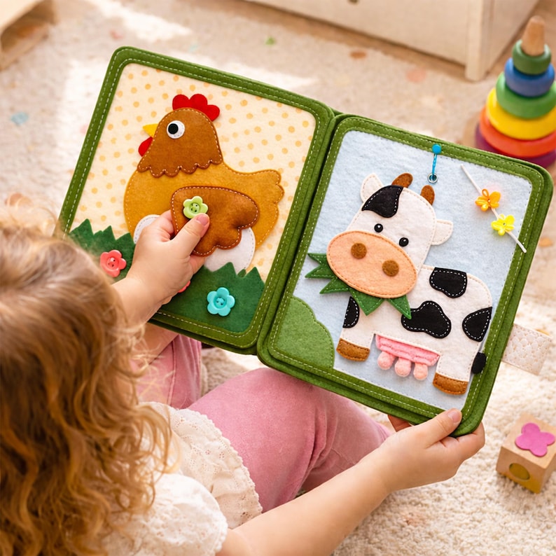 May include: A felt activity book with a green border, featuring a chicken and a cow. The chicken is brown with a red comb, and the cow is white with black spots. The book has interactive elements for children.
