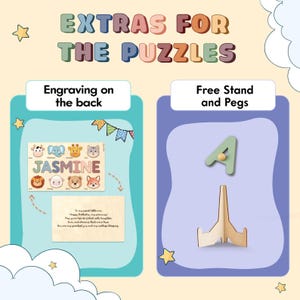 May include: An image showcasing extras for puzzles. The text reads "EXTRAS FOR THE PUZZLES". One section highlights engraving options, featuring a puzzle with animal shapes and the name "JASMINE". The other section shows a wooden stand and a letter "A".