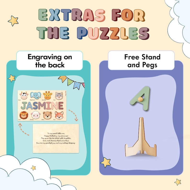 May include: An image showcasing extras for puzzles. The text reads "EXTRAS FOR THE PUZZLES". One section highlights engraving options, featuring a puzzle with animal shapes and the name "JASMINE". The other section shows a wooden stand and a letter "A".