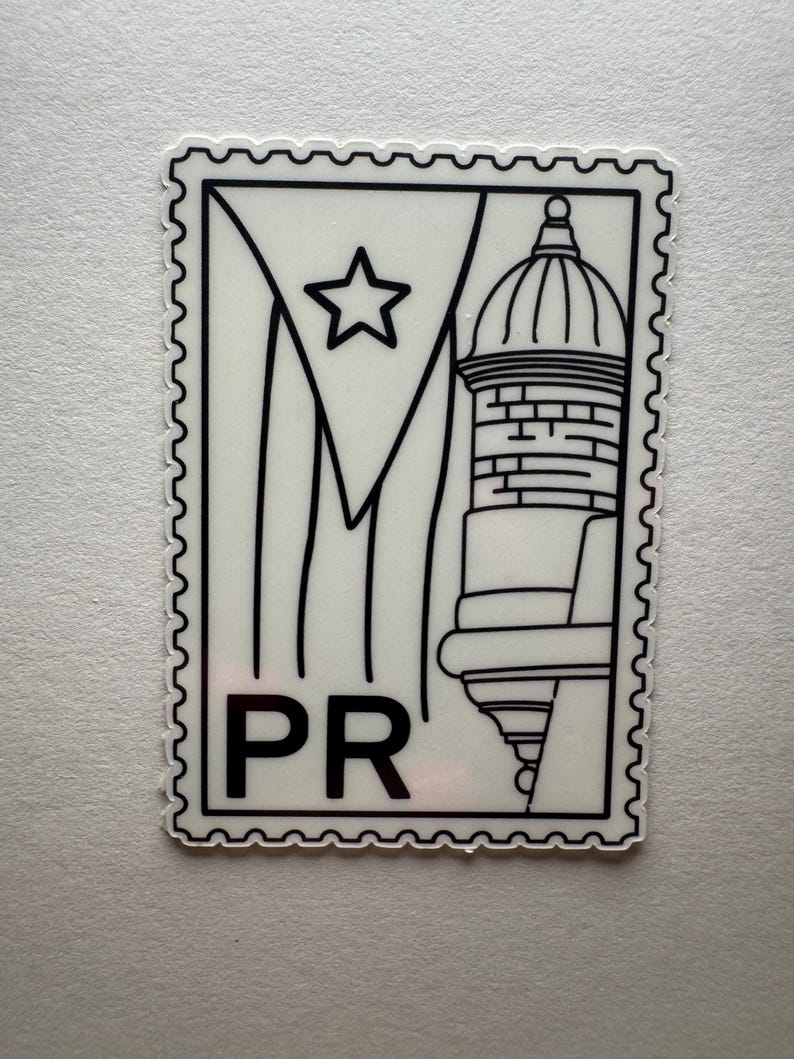 May include: A white sticker with a black outline, featuring a design of the Puerto Rican flag and a building with a dome. The letters "PR" are at the bottom. The sticker has a postage stamp edge.