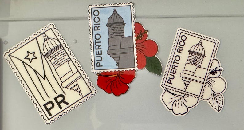 May include: Three rectangular magnets with a postage stamp design featuring a Puerto Rican fort and the text "PUERTO RICO". One magnet has a flag design with "PR". Red hibiscus flowers are also present.