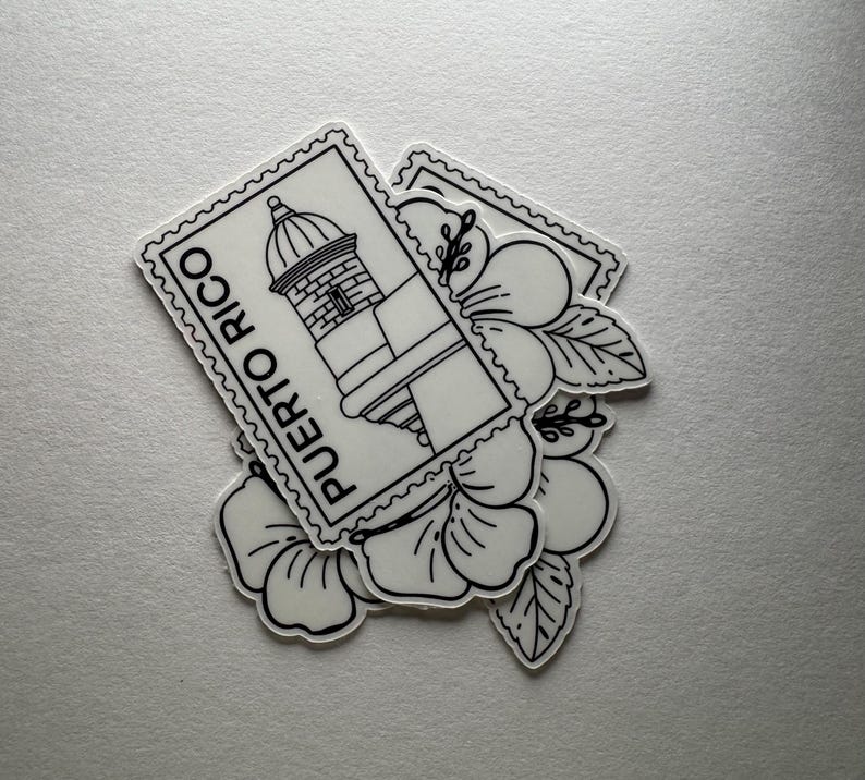 May include: White stickers featuring a lighthouse design within a postage stamp frame, with the text "PUERTO RICO". The stickers are layered over black and white floral illustrations.