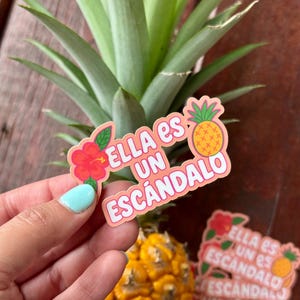 Może przedstawiać: Naklejka w kolorze r&oacute;żowym i białym z napisem "Ella es un esc&aacute;ndalo", z kwiatem hibiskusa i ilustracją ananasa. Naklejka jest trzymana przed ananasem i jego zielonymi liśćmi.