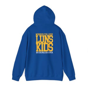 May include: Royal blue hooded sweatshirt with a yellow graphic print that says "Morris College Luns Kids Now This Was A Era To Be In".