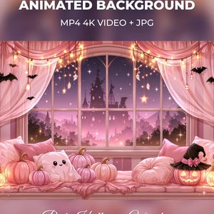 Puede incluir: Fondo animado con vista a un castillo de noche, cortinas rosas, luces de cadena, murciélagos y fantasmas. El alféizar está decorado con calabazas rosas, un peluche de fantasma, cojines y una calabaza con un sombrero de bruja.