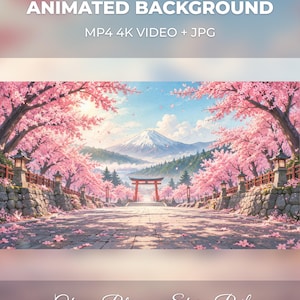以下が含まれることがあります： ピンクの桜並木、赤い鳥居、遠くに雪を頂いた山が描かれた石畳の道の動く背景。テキストには「ANIMATED BACKGROUND MP4 4K VIDEO + JPG」および「Cherry Blossom Shrine Path」と書かれています。