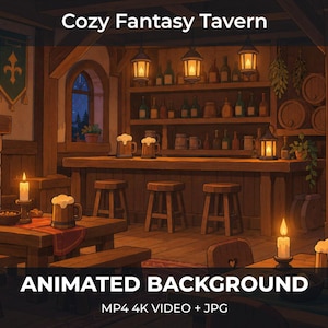 中世ファンタジー酒場のアニメーションストリーム背景 | 暖炉のそばでくつろぐ | ペンと紙のシーン | シームレスな4K MP4ループ