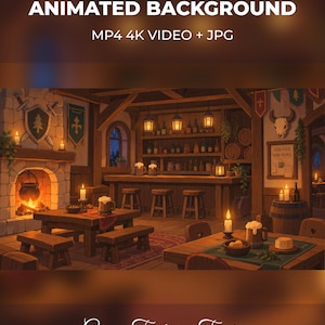 Könnte beinhalten: Ein animierter Hintergrund mit einem Tavernen-Interieur, einem Steinkamin, Holztischen, Bänken und einer Bar mit Flaschenregalen. Der Text lautet ANIMATED BACKGROUND MP4 4K VIDEO + JPG und Cozy Fantasy Tavern.