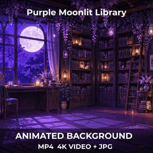 Puede incluir: Una ilustración digital titulada Purple Moonlit Library que muestra una habitación con estanterías de suelo a techo, una ventana grande con luna llena, un escritorio, una chimenea encendida y flores moradas. Texto: Purple Moonlit Library, ANIMATED BACKGROUND, MP4 4K VIDEO + JPG.