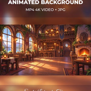 May include: An animated background featuring a sunlit lakeside tavern interior with wooden tables, chairs, a stone fireplace, a bar area, and large arched windows overlooking a mountain lake. Text reads: ANIMATED BACKGROUND MP4 4K VIDEO + JPG Sunlit Lakeside Tavern.