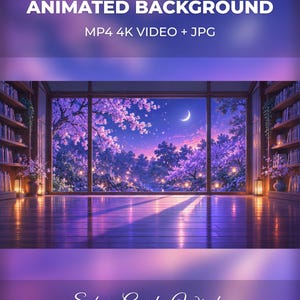 Sakura Garden Window Animated VTuber Background | Japanese Library Room at Night | Anime Twitch Scene | Seamless 4K MP4 Loop