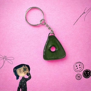 May include: A dark green, triangular keychain with a circular hole, attached to a silver chain and ring. The background is pink with illustrations of a dragonfly, buttons, a needle and thread, and a character from the movie "Coraline".
