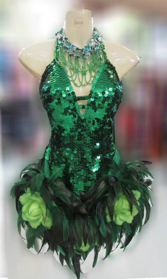 Da neena m076 showgirl vegas star burlesque feather flower green dress