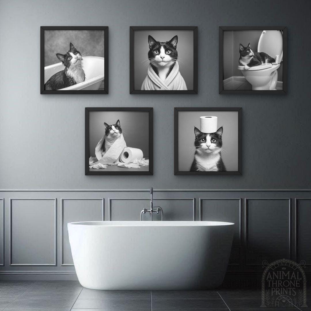 Funny Tuxedo Cat Bathroom Wall Art – Cat in Bath, Bathrobe, Toilet ...