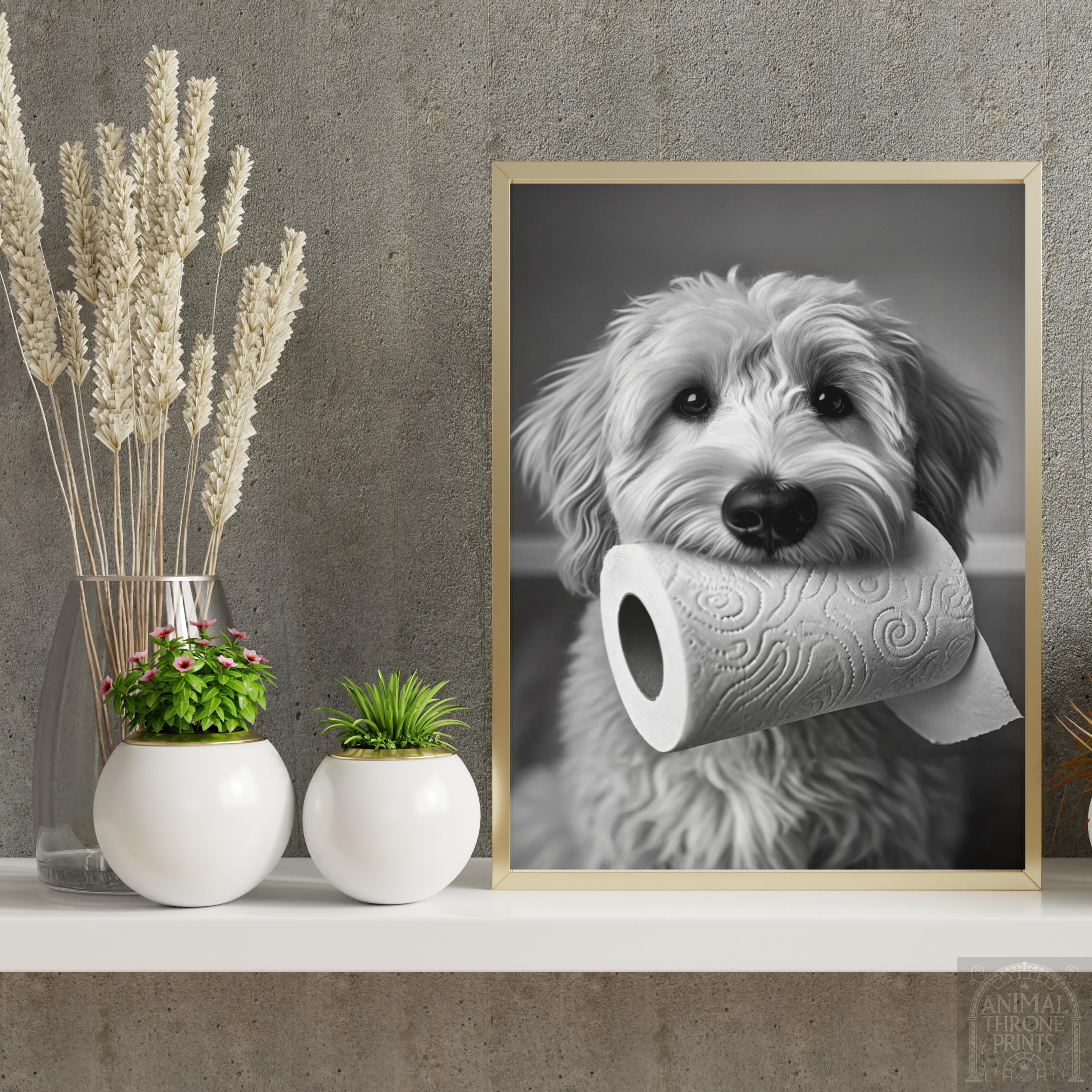 Funny Doodle Bathroom Wall Art, Doodle Dog Holding Toilet Paper, Quirky ...