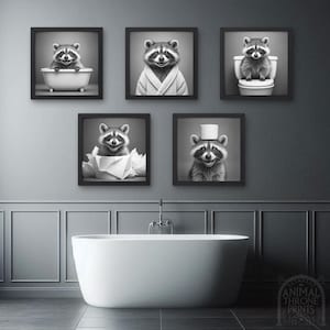 Funny Raccoon Wall Art Bundle Bathroom, Raccoon on Toilet, Bathrobe, Bath, Trash Panda Bathroom Decor, Printable AI Animal Artwork Bath Art