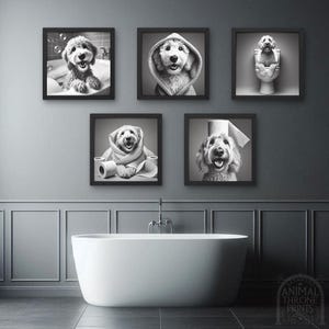Pacchetto di 5 stampe artistiche divertenti da parete, set di stampe fotografiche per il bagno con animali scarabocchiati, scarabocchio sul water, vasca, accappatoio, carta igienica, arte AI stampabile
