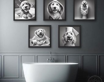Funny Wall Art Bundle of 5, Doodle Animal Bathroom Photo Print Set, Doodle on Toilet, Bath, Bathrobe, Toilet paper, Printable AI Art