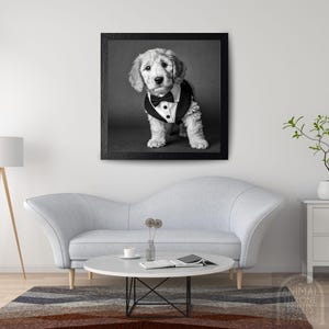 Cute Doodle Puppy Wall Art – Goldendoodle in Tuxedo – Elegant Dog Decor – Digital Download Animal Print – Puppy Lover Gift