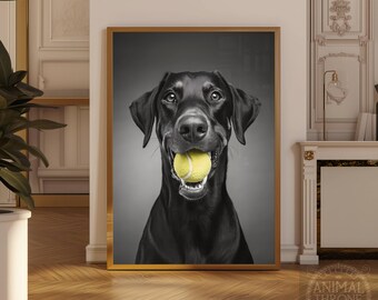 Funny Doberman Wall Art – Dog with Tennis Ball – Playful Pet Print for Dog Lovers – Digital Download Poster Decor