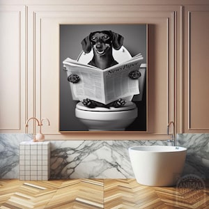 Funny Dachshund Bathroom Art – Dachshund on Toilet Reading Newspaper – Quirky Dog Wall Decor – Wiener Dog Digital Print - Cute Doxie Dog