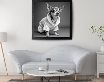 Funny Chihuahua in Bathrobe Print, Cute Dog Bathroom Wall Art, Adorable Animal Digital Download, Unique Pet Decor Printable, Chihuahua Gift