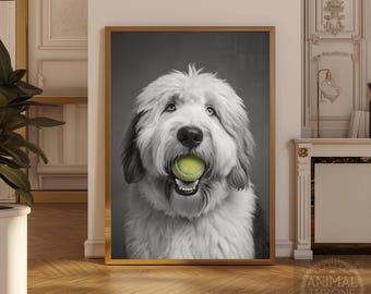 Könnte beinhalten: Schwarz-Weiß-Porträt eines Old English Sheepdog mit einem grünen Tennisball im Maul. Der Hund hat ein helles Fell und dunkle Flecken um Augen und Ohren. Das Maul des Hundes ist geöffnet und zeigt die Zähne und den Ball.