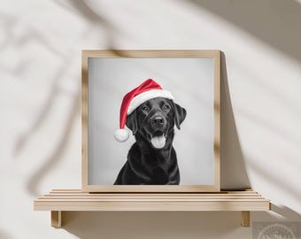 Arte navideño de Labrador Negro: Impresión de perro con gorro de Papá Noel - Labrador Retriever negro de invierno (Descarga digital)