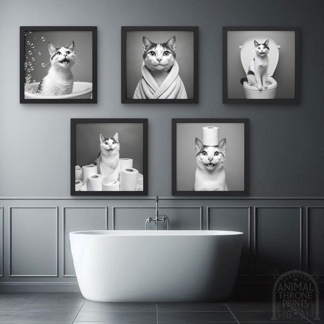 Funny Japanese Bobtail Cat Bathroom Wall Art Bundle – Cute Cat in Bath ...