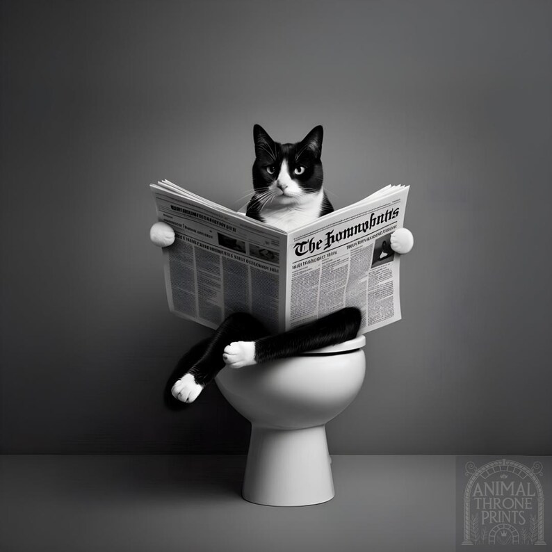 Funny Tuxedo Cat Bathroom Print: Quirky Toilet Newspaper Art (digital ...