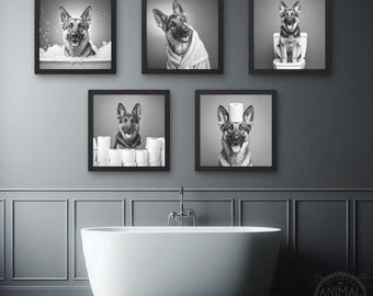 Grappige badkamer muurkunst Duitse herder – GSD hond in bad, scènes badjas, toilet en toiletpapier – Digitale download prints, huisdierdecor