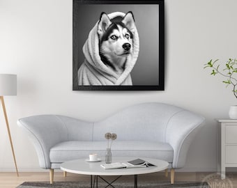 Husky in Bathrobe Print: Funny Dog Bathroom Wall Art (Digital File)