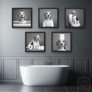 Funny Wall Art Bundle of 5, Beagle Animal Bathroom Photo Print Set, Beagle on Toilet, Bath, Bathrobe, Toilet paper, Printable AI Art