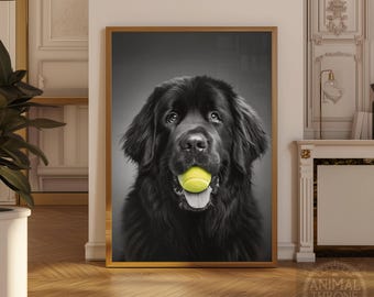 Könnte beinhalten: Gerahmtes Porträt eines schwarzen Neufundländers mit einem gelben Tennisball im Maul. Der Hund hat ein langes, schwarzes Fell und blickt direkt in die Kamera. Der Hintergrund ist einfarbig grau.