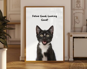 Funny Cat Wall Art – Tuxedo Cat Art, Stylish Pet Lover Decor, Minimal Animal Humor Print Download