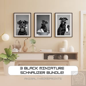 Può includere: Un set di tre foto in bianco e nero di schnauzer in miniatura. Le foto sono incorniciate e appese a un muro. Le foto mostrano i cani in pose diverse, tra cui una con uno spazzolino da denti in bocca, una in una vasca da bagno e una che tiene una bottiglia di sapone.