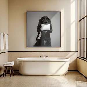 Divertido arte de pared para baño con un cocker spaniel: cocker negro con papel higiénico. Decoración de pared divertida para perros. Descarga digital de arte imprimible para mascotas.
