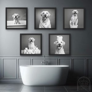 May include: A set of five framed black and white prints featuring a Labrador Retriever in various bathroom settings. The dog is shown in a bathtub, wearing a robe, sitting on a toilet, surrounded by toilet paper, and with a toilet paper roll on its head.