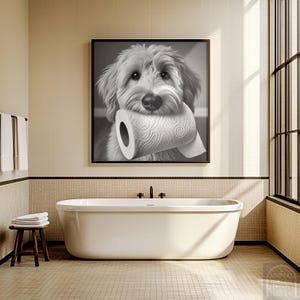Divertente decorazione da parete per il bagno con scarabocchi, cane scarabocchiato che tiene la carta igienica, eccentrico arredo da bagno con cani, esilarante download digitale per proprietari di cani.